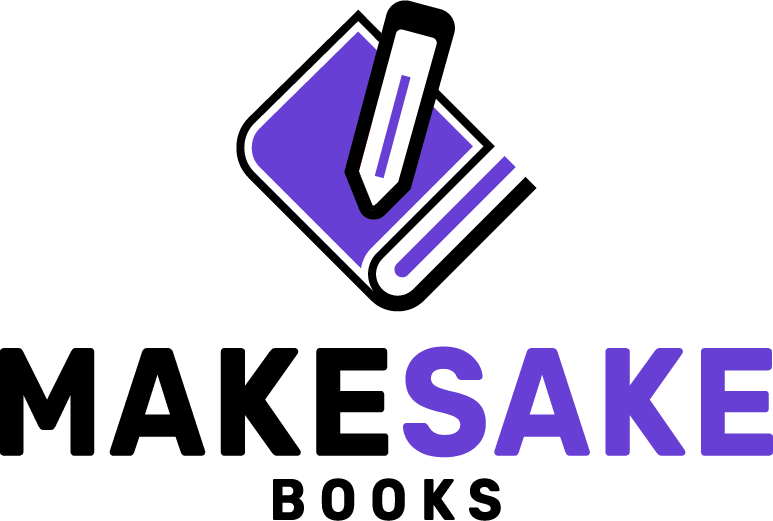 Makesake Books logo icon, book and pencil mark